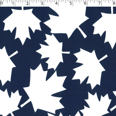 medium weight cotton on royal background with all over white large leaf print