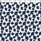 medium weight cotton on white background with all over royal small leaf print