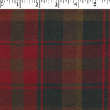maple leaf plaid in medium weight polyester Viscose Yarn Dye Twill weave. Colours: red, brown, black