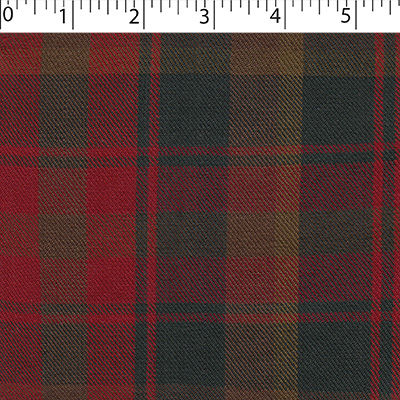 maple leaf plaid in medium weight polyester Viscose Yarn Dye Twill weave. Colours: red, brown, black