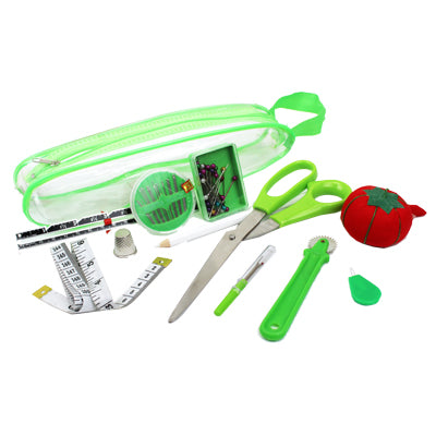 lime green plastic pouch that contains: pins, sew needles, measuring tape, pin cushion, scissors, thimble, tracing wheel, seam ripper, tracing pencil and threader
