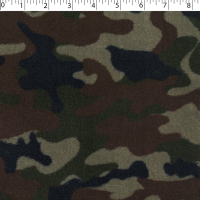 A camouflage print in brown and green shades on a chenille fabric base