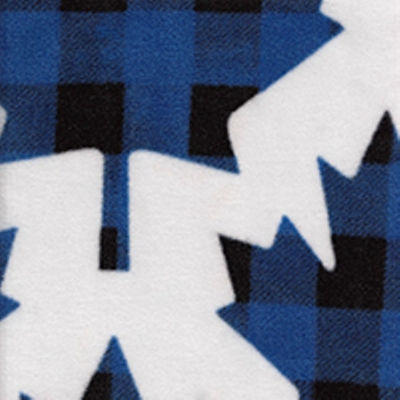 white medium weight polyester fleece with large royal and black buffalo print maple leaf.