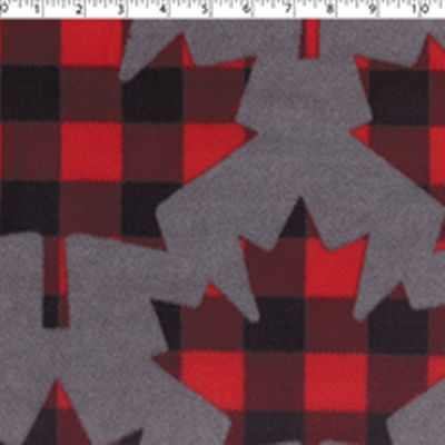 grey mix medium weight polyester fleece with large red and black buffalo print maple leaf.