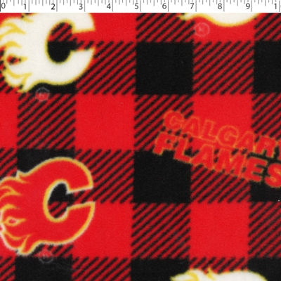 NHL medium weight polyester fleece in a buffalo check print of calgray falmes in red and black