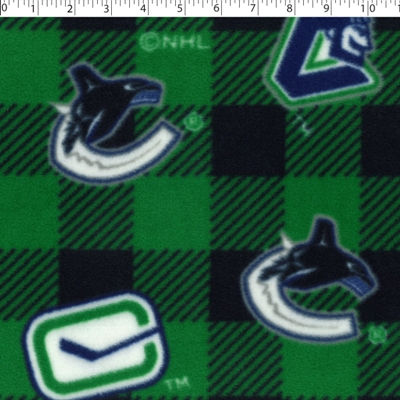 NHL medium weight polyester fleece in a buffalo check print of vancouver cannucks in green and blue