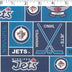 NHL medium weight polyester fleece in a block print of winnipeg jets in blue and navy