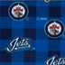 NHL medium weight polyester fleece in a buffalo check print of winnipeg jets in royal and blue